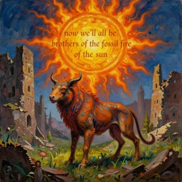 bright dramatic lighting colorful surrealist oil painting titled'now we'll all be brothers of the fossil fire of the sun ', magical realism symbolist, ruined city landscape with hybrid animal protagonist, painted by grant wood and rene magritte and max ernst, shocking detail trending on artstation 8 k