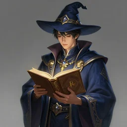 a highly detailed illustration of short black haired young asian male wizard wearing ornate navy robe and mage hat, dramatic reading spell book pose, intricate, elegant, highly detailed, centered, digital painting, artstation, concept art, smooth, sharp focus, league of legends concept art, WLOP