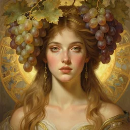 stunning goddess of wine portrait, tan skin, sun, grapes, fantasy, intricate, elegant, highly detailed, symmetrical face, digital painting, artstation, concept art, smooth, sharp focus, illustration, art by krenz cushart and artem demura and alphonse mucha