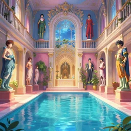 subsurface scattering, beautiful interior of a pool inside a stunning mansion with statues, vibrant colors, ross draws, atey ghailan, delphin enjolras, goro fujita, makoto shinkai, rim light, exquisite lighting, octane render, very coherent, trending on artstation
