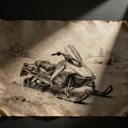 a sketch of a snowmobile made by Leonardo da Vinci, charcoal on parchment, dim lighting