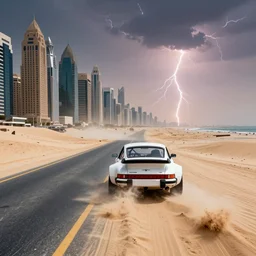 a sports car magazine image of the view of the back of an 80's porsche rally car as it races down a sand covered 2 lane road towards the high rises of Dubai, driving in the city, most of the blacktop is showing, but it's partly covered by sand from a recent dust storm, lightning bolts strike in the sky, porsche driving into the Arabian sunset