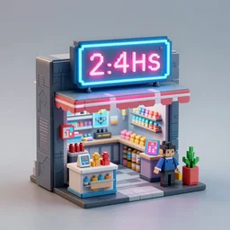 origami mini cyberpunk convenience store has a neon sign of 2 4 hours, fantasy, intricate, elegant, highly detailed, digital painting, artstation, concept art, smooth, sharp focus illustration, created by jan urschel and sylvain sarrailh, 4 5 ° 3 d viewing angle, pixel art