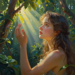 painting, young girl, beautiful face, gorgeous, light beams, above earth, cinematic lighting, in jungle, touching sun beam, erupting colors, extremely detailed, sharp focus, by greg rutkowski and [ [ [ wlop ] ] ], intricate, beautiful, award winning, trending on artstation, pixiv
