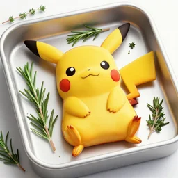 roasted pikachu in a baking tray with rosemary and thyme