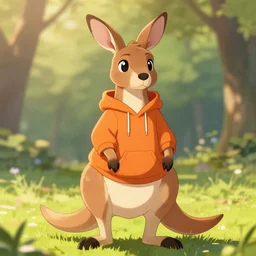 an anthropomorphic kangaroo wearing an orange hoodie at a park, trending on artstation, detailed, anime, warm lighting, backlighting, by kawacy, trending on furaffinity, furry art