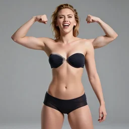 most strongest pose, laughing scarlett johansson as baki with perfect symmetrical anatomical proportions, chun li, battle angel manga, afro samurai animes style, by greg rutkowski, pencil and ink, dramatic lighting, lying down, wide angle lens, full body within frame, swim suite, beautiful beach in the background