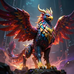 a majestic mythological griffin, artstation, fantasy, magic, mysterious, evil bright colors, d & d, intrigued, mythical octane render, 8 k, ultra - hd, ultradetailed strobe, volumetric light by studio ghibli, makoto shinkai