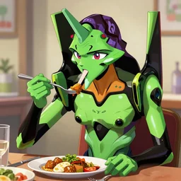cartoonish eva green eating dinner, vivid colors, character sheet, fine details, concept design, contrast, kim jung gi, greg rutkowski, enki bilal, trending on artstation, 8 k, full body, turnaround, front view, back view, ultra wide angle