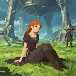An girl sitting on a grass in a setting of Medieval Futurism, Retrofuturism, medieval, science-fiction by JeeHyung lee, Anna Nikonova, full body art, trending artstation, 2dcg