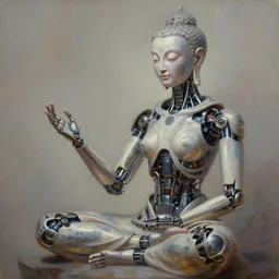 a biomechanical android alien robot female buddha teaching humans on enlightenment, concept art, intricate detail, volumetric shadows and lighting, realistic oil painting,
