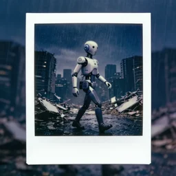 old polaroid of a artificial intelligence walking on a destroyed city, rain, dark sky