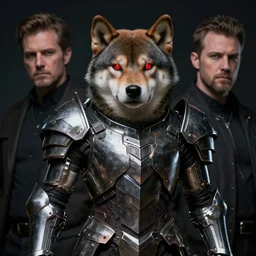 the wolf brigade armor jin roh armor, metal anthropomorphic shiba inu, science fiction, red glowing eyes, dark, portrait by donato giancola and greg rutkowski and wayne barlow, realistic face