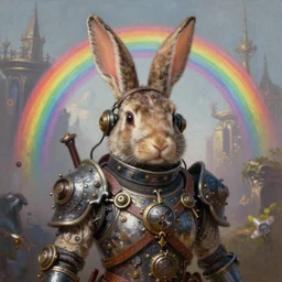 ultra realist soft painting of a steampunk rabbit warrior, very intricate details, rainbow lighting, symmetry accurate features, fantasy background