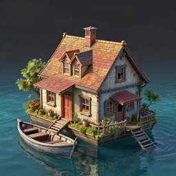 a house floating in the water with a boat by its side, metaphysical art, fantasy, surrealism, zbrush, unreal engine, vibrant, detailed, by craola, rhads, anton fadeev, and tim doyle