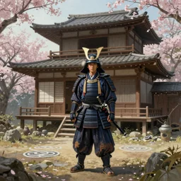 hyperrealistic painting of a highly detailed photorealistical samurai, standing in front of traditional Japanese hut, cherry blossom trees outside, Feng Shui Style, cinematic concept art, art station, award winning art, 8k, octane render, unreal engine 5