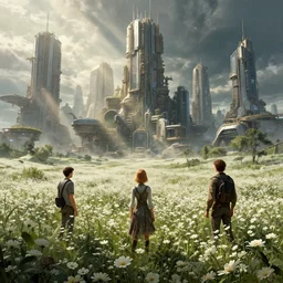 steampunk cybercity in a field of white flowers, godrays, cinematic, poster art by james gurney jesper ejsing, ilya kuvshinov, greg rutkowski frank frazzeta on artstation