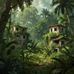 a jungle with some abandoned/overgrown buildings, matte painting, detailed, trending on artstation,