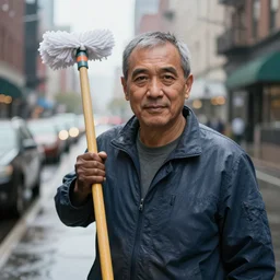 closeup portrait of a cleaner with a mop a rainy new york street, photography