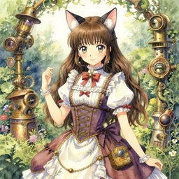 middle woman with cat ears, wearing a lovely dress in a steampunk garden. this watercolor painting by the award - winning mangaka has impeccable lighting, an interesting color scheme and intricate details.