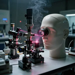 optical instruments large table, scientific laboratory, extremely detailed optical lenses and devices diffracting lasers, photoreal, in the shape of a human head, new equipment, analog nikon photo, smoke, dust particles in the air, dark ambience, bokeh, defocus