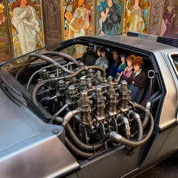 closeup of time machine solarpunk delorean with metal hoses and carburetors, unreal engine, greg rutkowski, loish, rhads, beeple, makoto shinkai and lois van baarle, ilya kuvshinov, rossdraws, tom bagshaw, alphonse mucha, global illumination, detailed and intricate environment