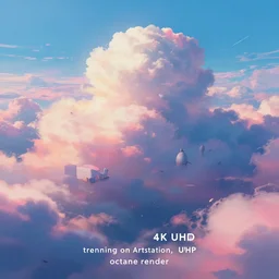 “Puffy cloudscape, Low level, rendered by Beeple, Makoto Shinkai, syd meade, simon stålenhag, environment concept, synthwave style, digital art, unreal engine, WLOP, trending on ArtStation, 4K UHD, image, octane render”