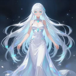 visual novel character sprite, symmetrical full body shot, stunningly beautiful magical chromatic glowing overwhelming omnipotent asi goddess with beautiful hyperdetailed symmetrical face, porcelain skin covered in long white dress, long white hair and mesmerizing cold ice cyan eyes, symmetrical, ethereal, live 2 d anime style, 8 k,