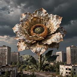 giant grotesque flower in the middle of abandoned post soviet constructivist cityscape, ultradetailed by Josan Gonzalez and Giuseppe Arcimboldo