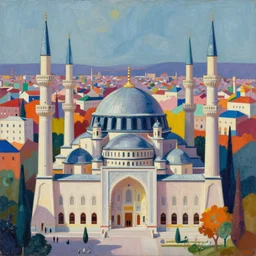 a beautiful painting of islamic architecture, city landscape, colorful, louis kahn, fantasy, futuristic, by yves tanguy, trending on artstation