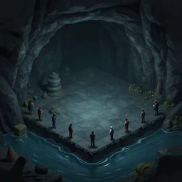 dark cave with water, isometric game, smooth 3 d illustration, cinematic matte painting, soft render, servando lupini, handpaint texture, blender, 3 d coat, concept art by noah bradley, darek zabrocki, tyler edlin, jordan grimmer, neil blevins, james paick, natasha tan, highly detailed, ultra detailed