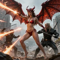 seductive bikini ciri epic battle against a winged demon, magic shooting forth from different directions, the witcher, fierce combat, sharp details, artstation, fantasy, cinematic lighting, photorealism, 8 k.