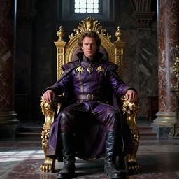 Film still of Christopher Walken as Emperor Shaddam IV (Dune) wearing ornate Tyrian-purple regal leather uniform with two gold-lion-shaped-pins sitting on an ornamented-golden-lion-throne in dark long Romanesque marble-clad hall, where sunlight shines through small ornate windows casting shadows, dark atmospheric lighting, intricate details, cinematography by Stanley Kubrick, Ridley Scott