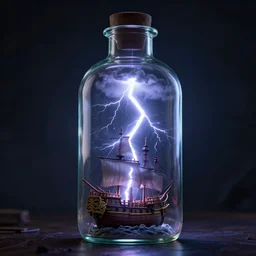 huge lightning storm inside a bottle, pirate ship, dark background, volumetric lighting, unreal engine, ultra detailed, high resolution, by emmanuel shiu