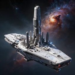 cinematic scifi render of a 3 d sculpt of a oblong cyberpunk john harris aircraft carrier megalithic tower structure city in space, beeple, halo, star wars, ilm, star citizen, halo, mass effect, high tech industrial, artstation unreal, dramatic powerful nebula