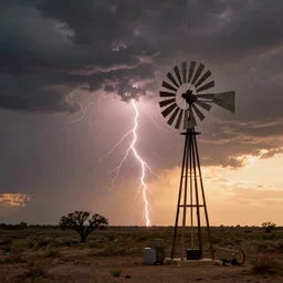 photo of a stormy west texas sunset, perfect rustic ( ( wind turbine ) ), film photography, lightning, golden hour, high quality, beautiful!!!
