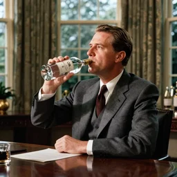 Wasted Richard Nixon drinking a bottle of vodka in the oval office, historical photo