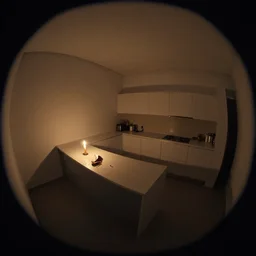 minimalistic kitchen dim lit by a candle ripped physique simon stalenhag gerald brom bastien grivet by greg rutkowski, game background, fisheye lens, high angle view, curved lines