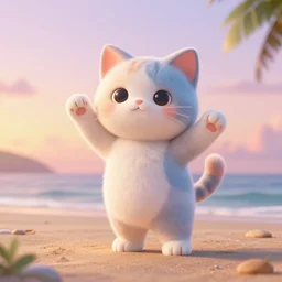 cat im a kitty cat and i dance dance dance and i dance dance dance, 3 d model, photorealistic, pastel pallet, unreal engine, 4 k, artstation, on a beach, sunset