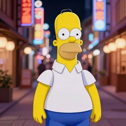 portrait photograph of an extremely beautiful!!!! homer simpson. standing on a japanese neon lit street. looking at the camera!!. super resolution. extremely detailed. graflex camera!, bokeh!!!!! trending on artstation.