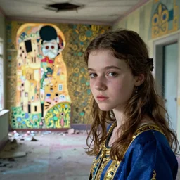 close up of a girl in a blue and gold haunted liminal abandoned room, film still by edward hopper, by pontormo, by klimt, art noveau, highly detailed, strong lights, liminal, eerie, bright pastel colors,
