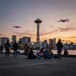 hyperrealistic dystopian Seattle at sunset with homeless people and neon sign drones flying through the sky 4k wide angle