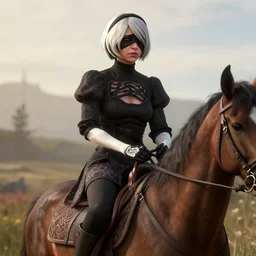Film still of 2B nier automata wearing skintight clothes riding a horse, from Red Dead Redemption 2 (2018 video game), trending on artstation, artstationHD, artstationHQ