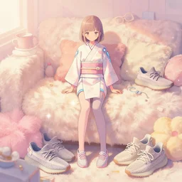 bright cheery placid pastel deep cozy moody cluttered painterly fluffy tiny cramped picture of a girl wearing a futuristic kimono with leggins and yeezy 5 0 0 trending on pixiv