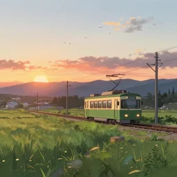 japanese countryside landscape, tram, sunset, birds flying in the sky, hand drawn anime style