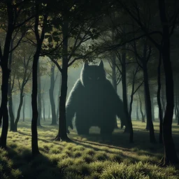 ominous fuzzy shadow creature in a maple tree forest, vhs, creepypasta, octane render, 6 k