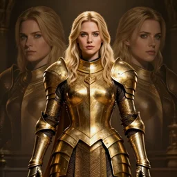 front centered symmetrical RPG avatar portrait, Elisha Cuthbert as a paladin, blonde hair, (gold) armour, dramatic lighting, cinematic, establishing shot, high detail, cinematic lighting, post processed, 8k, concept art, artstation, matte painting, in the style of eddie mendoza, raphael lacoste, alex ross