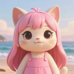 Render of a beautiful 3d anime cat, long pink hair, hazel eyes, cute freckles, full round face, soft smile, cute sundress, golden hour, serene beach setting, medium shot, mid-shot, hyperdetailed, trending on Artstation, Unreal Engine 4k