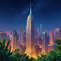 digital illustration of a beautiful cityscape, beautiful plants, breathtaking stars, very detailed, 4 k, 8 k, sharp focus, surrealism, art deco, vibrant color scheme, cinematic, cgsociety, trending on artstation, deviantart, by beeple