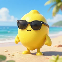 a lemon character wearing sunglasses on the beach, midjourney